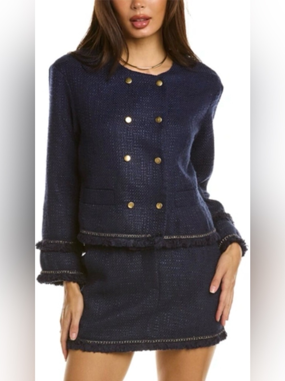 Amanda Uprichard Moriah Tweed Cropped Jacket Gold Buttons & Fringe Trim Large